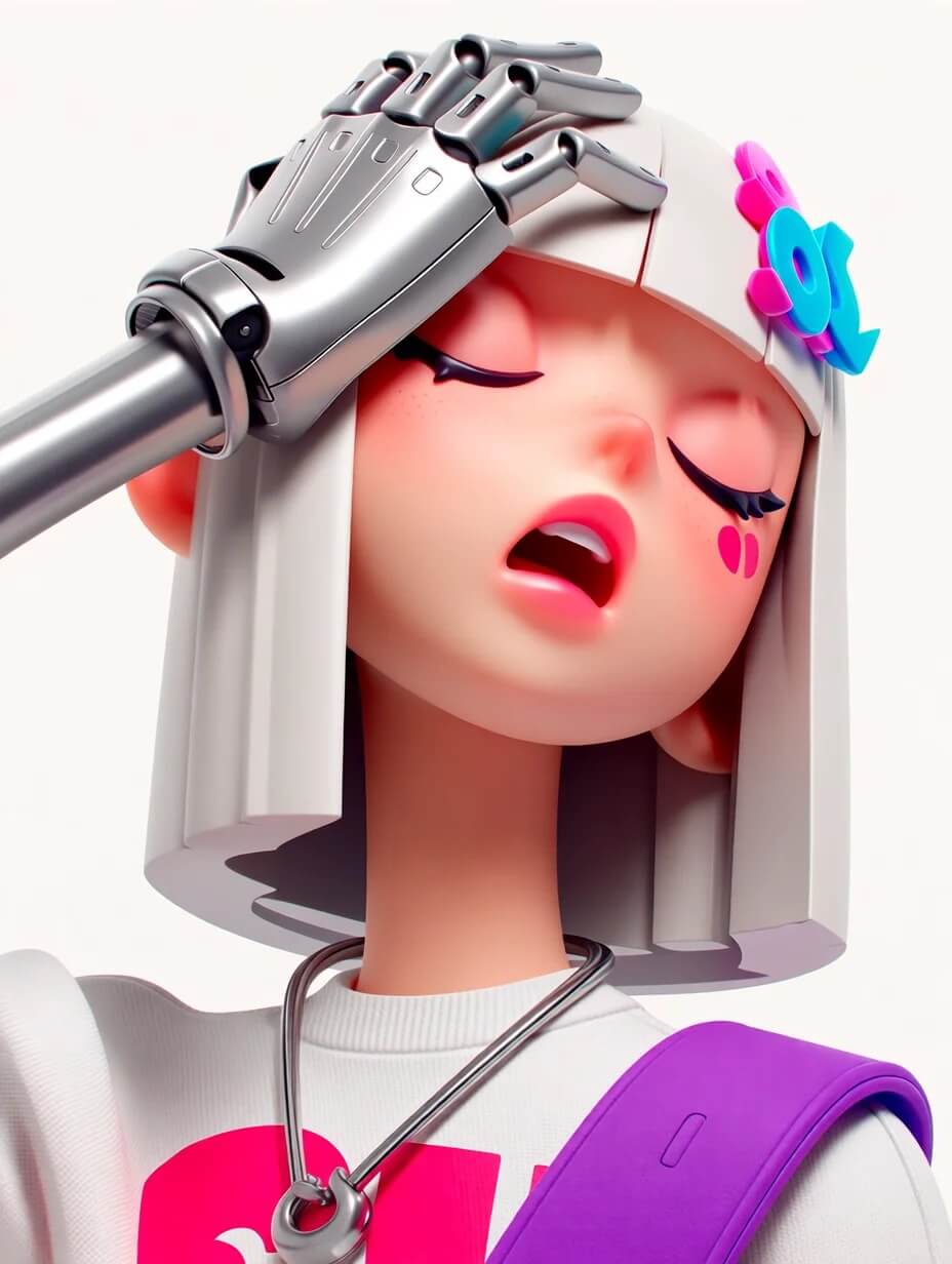 MidJourney character consistency example: 3D-style character with mechanical reference elements
