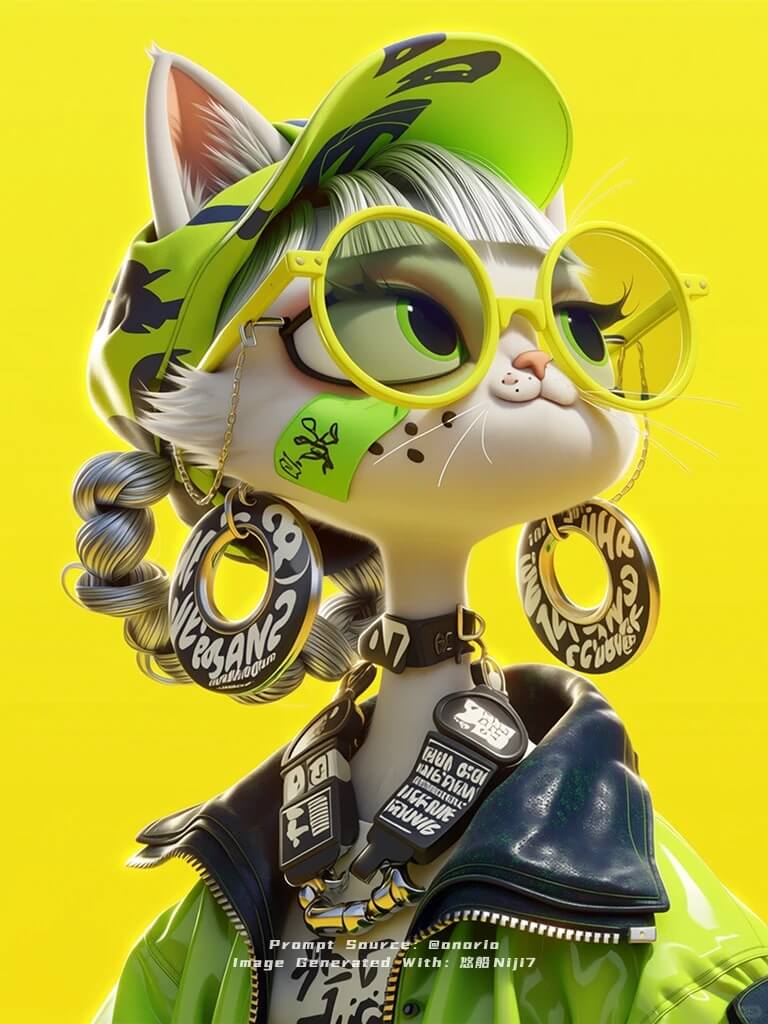 Niji 7 trendy 3D character: fluorescent green punk west highland white cat on bright yellow background