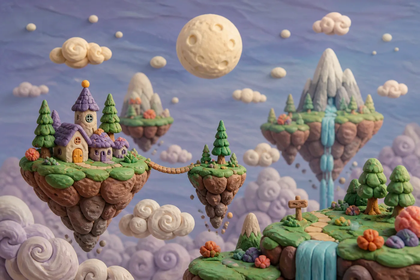 Midjourney 粘土定格动画:浮空山峦与月光的奇幻软陶风景