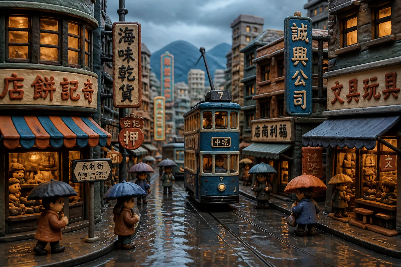 Midjourney 粘土定格动画:雨巷伞影软陶微缩街景