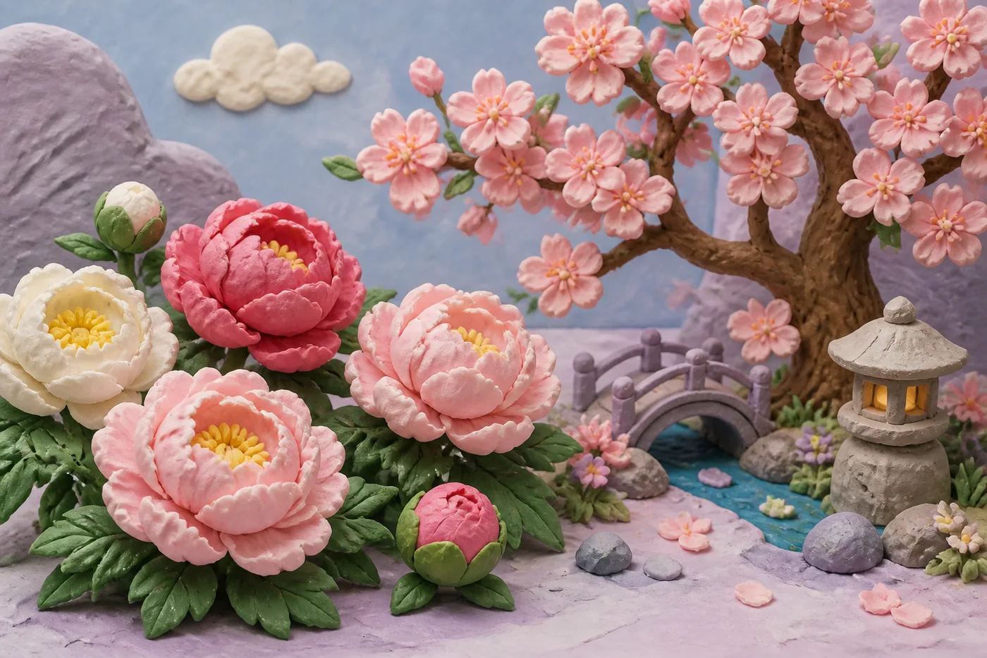 Midjourney 粘土定格动画示例：牡丹樱花软陶植物微缩场景