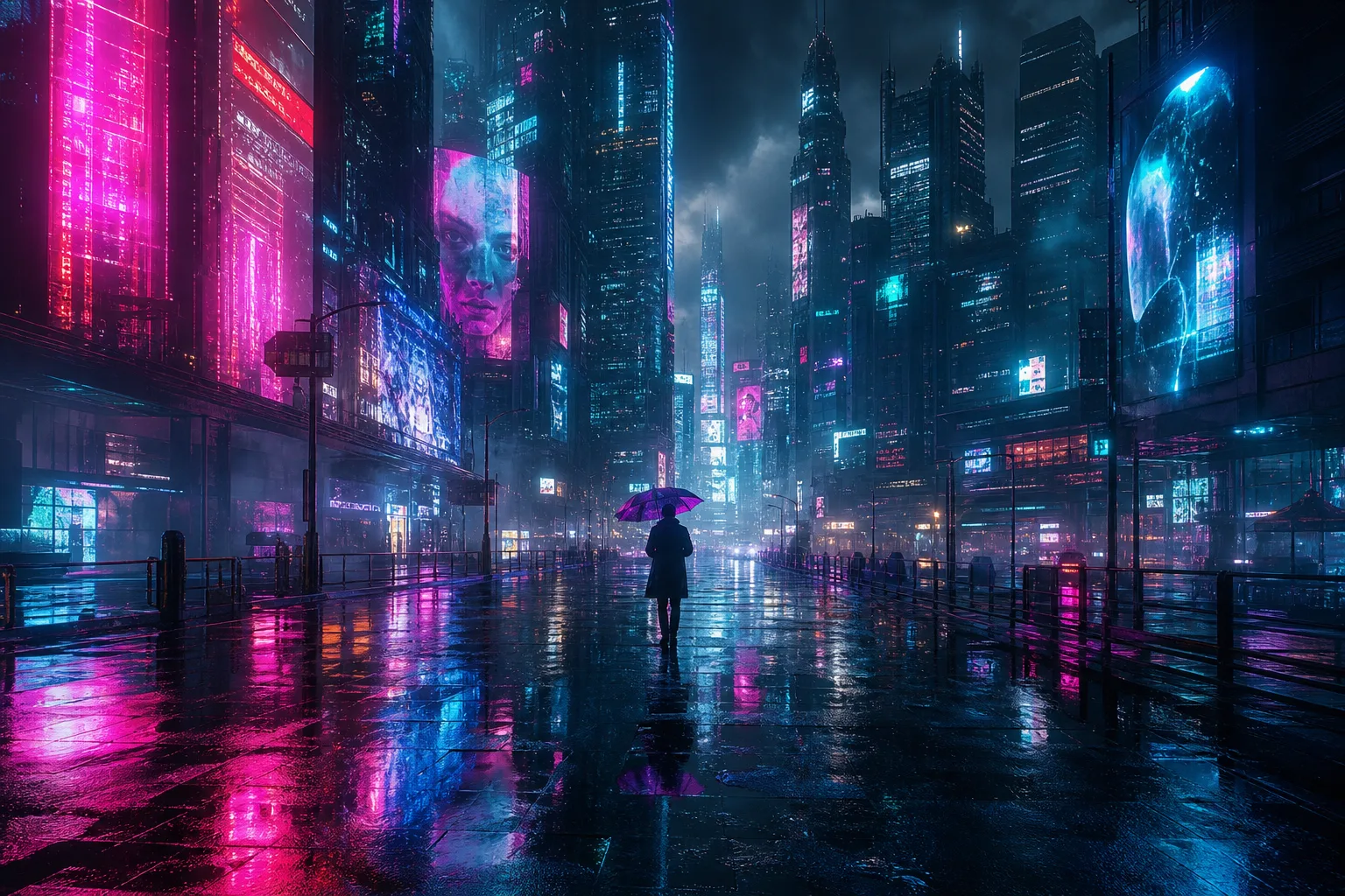 Midjourney Cyberpunk 示例：雨夜霓虹街道、粉青反光与巨型全息广告的赛博城夜景
