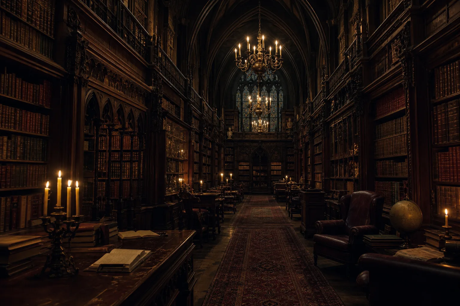 Midjourney Dark Academia example: gothic library with candlelight and stacked antique books