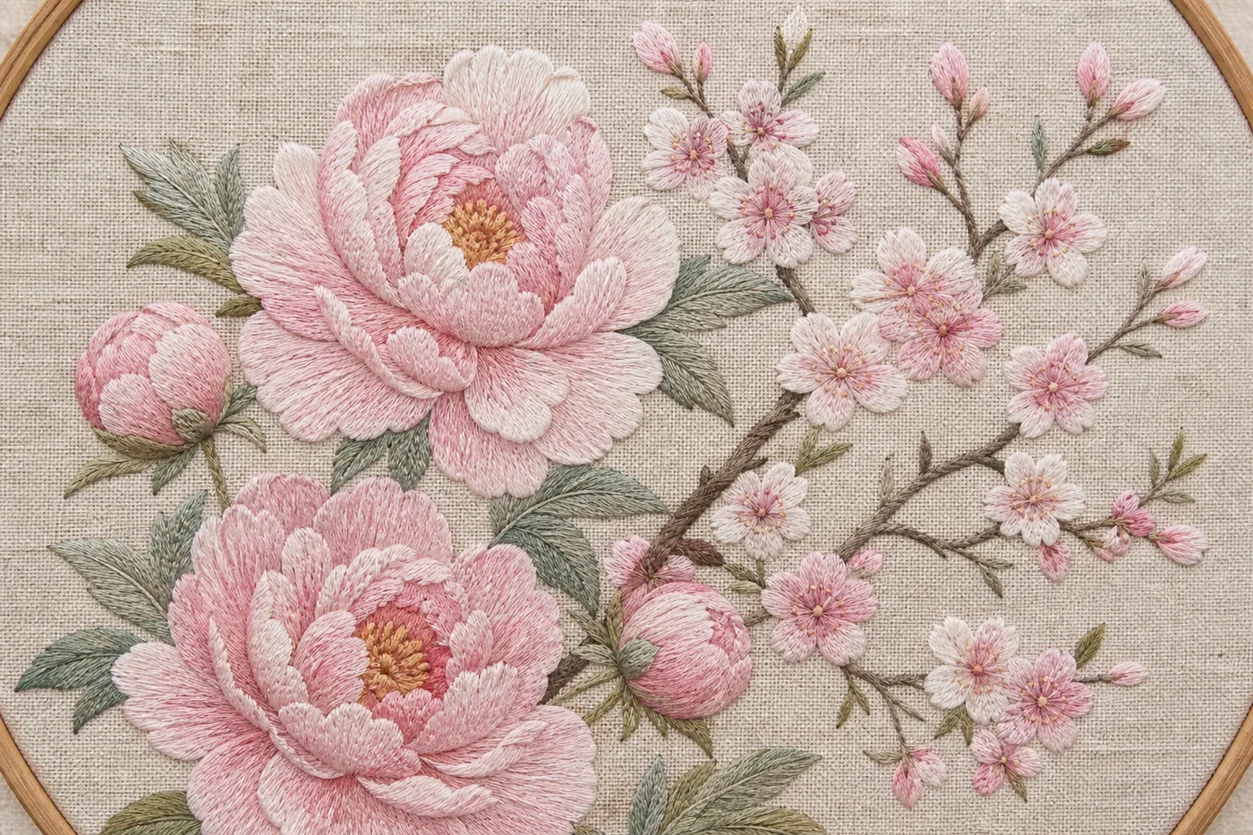 Midjourney 刺绣插画示例：牡丹樱花线迹刺绣植物风景