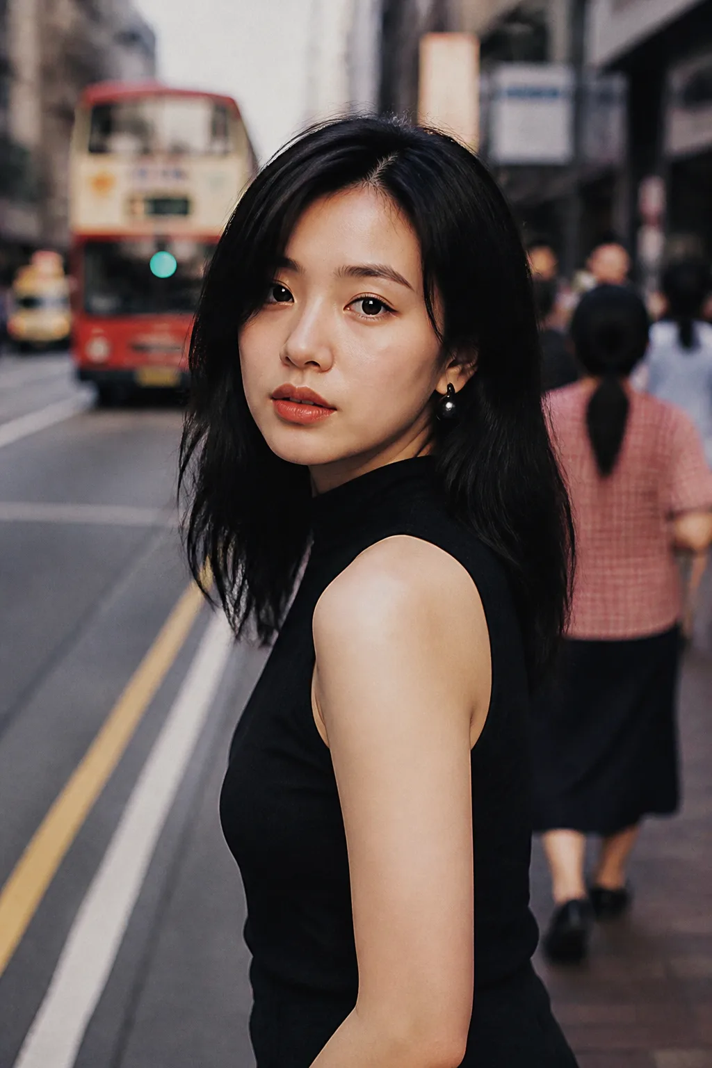 Midjourney 港风复古人像示例：年轻东亚女性胶片街拍写真