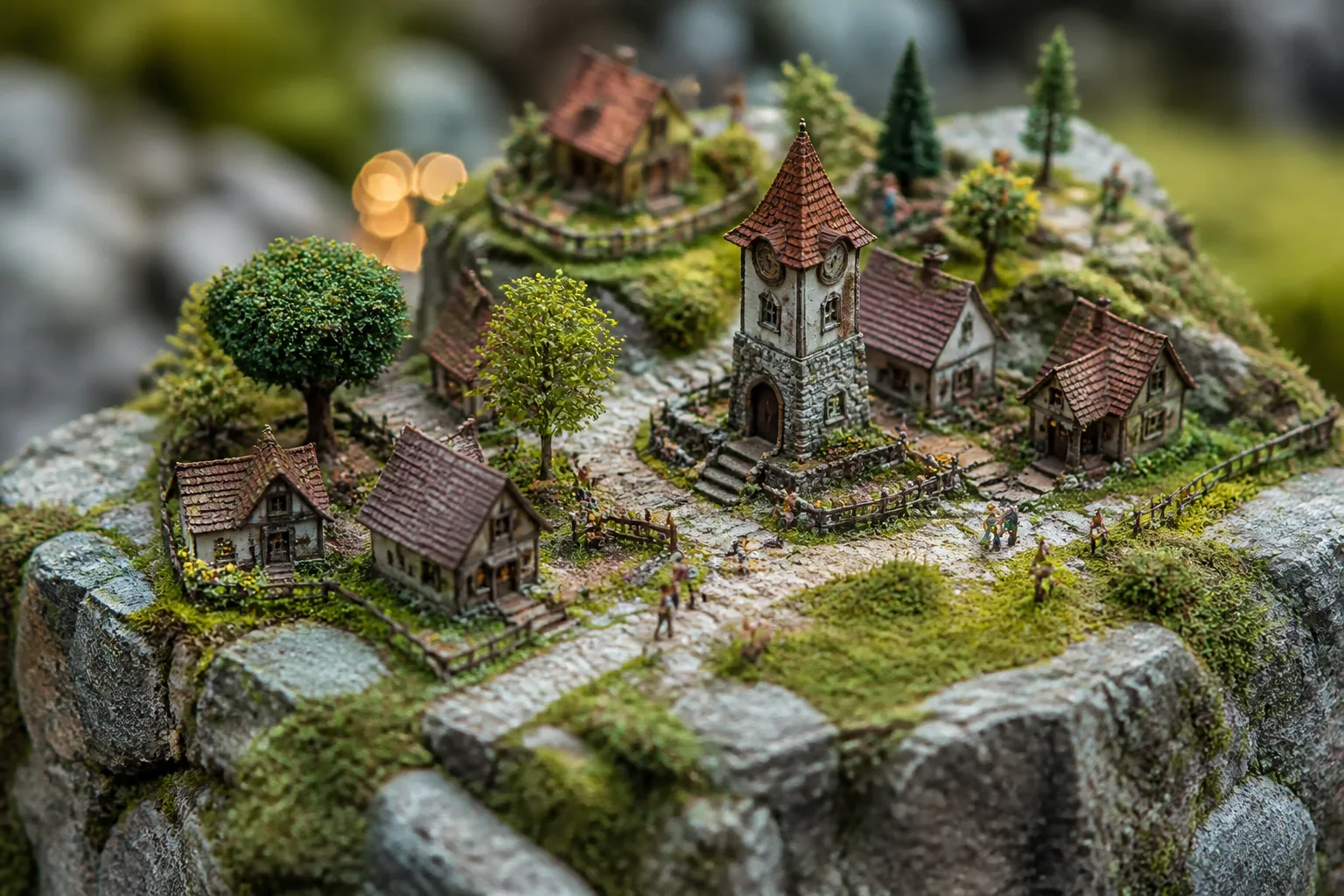 Midjourney 微缩景观示例：苔藓岩石上的迷你村庄与 tilt-shift 浅景深