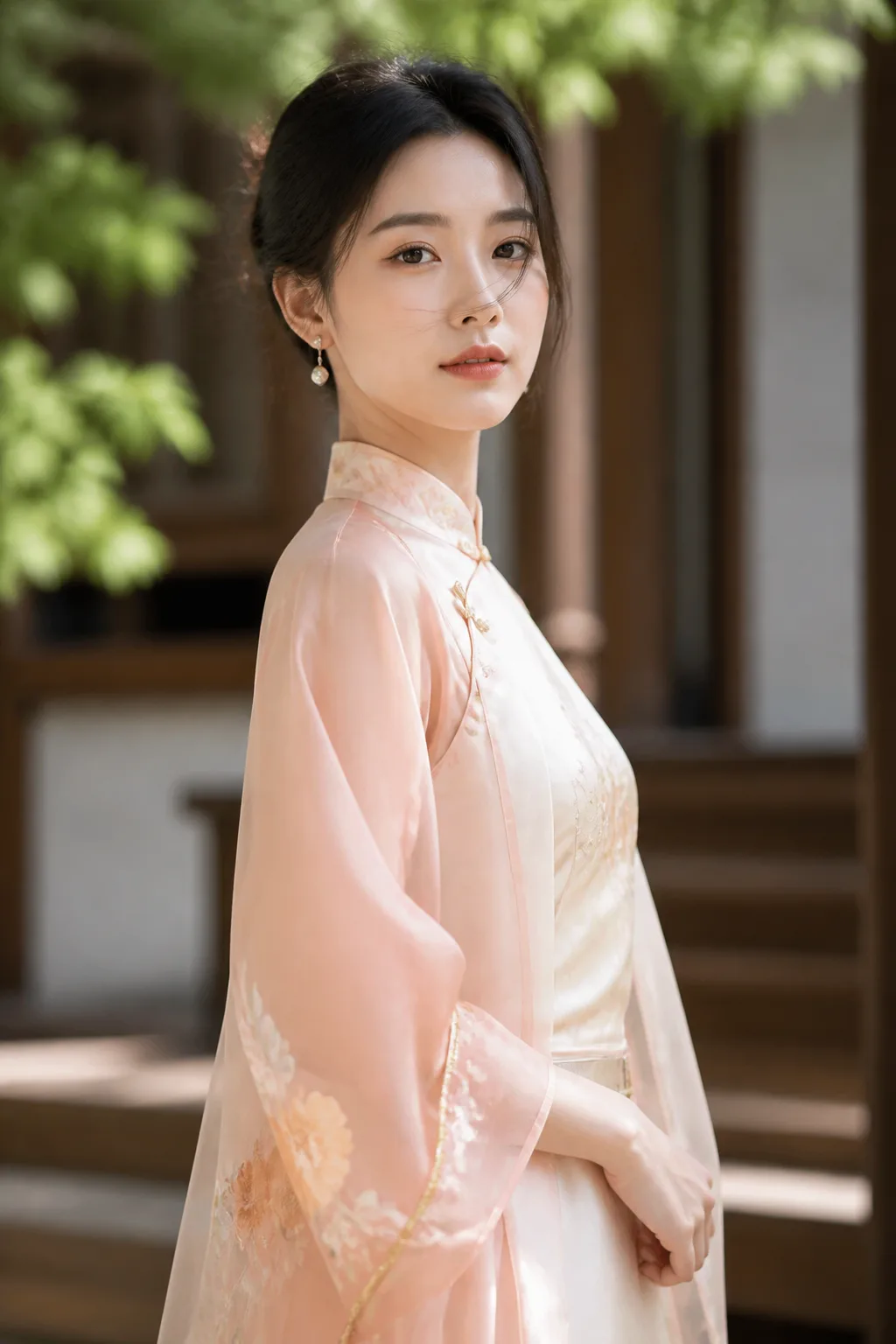 Midjourney 新中式国风人像示例：年轻东亚女性丝缎东方美学写真