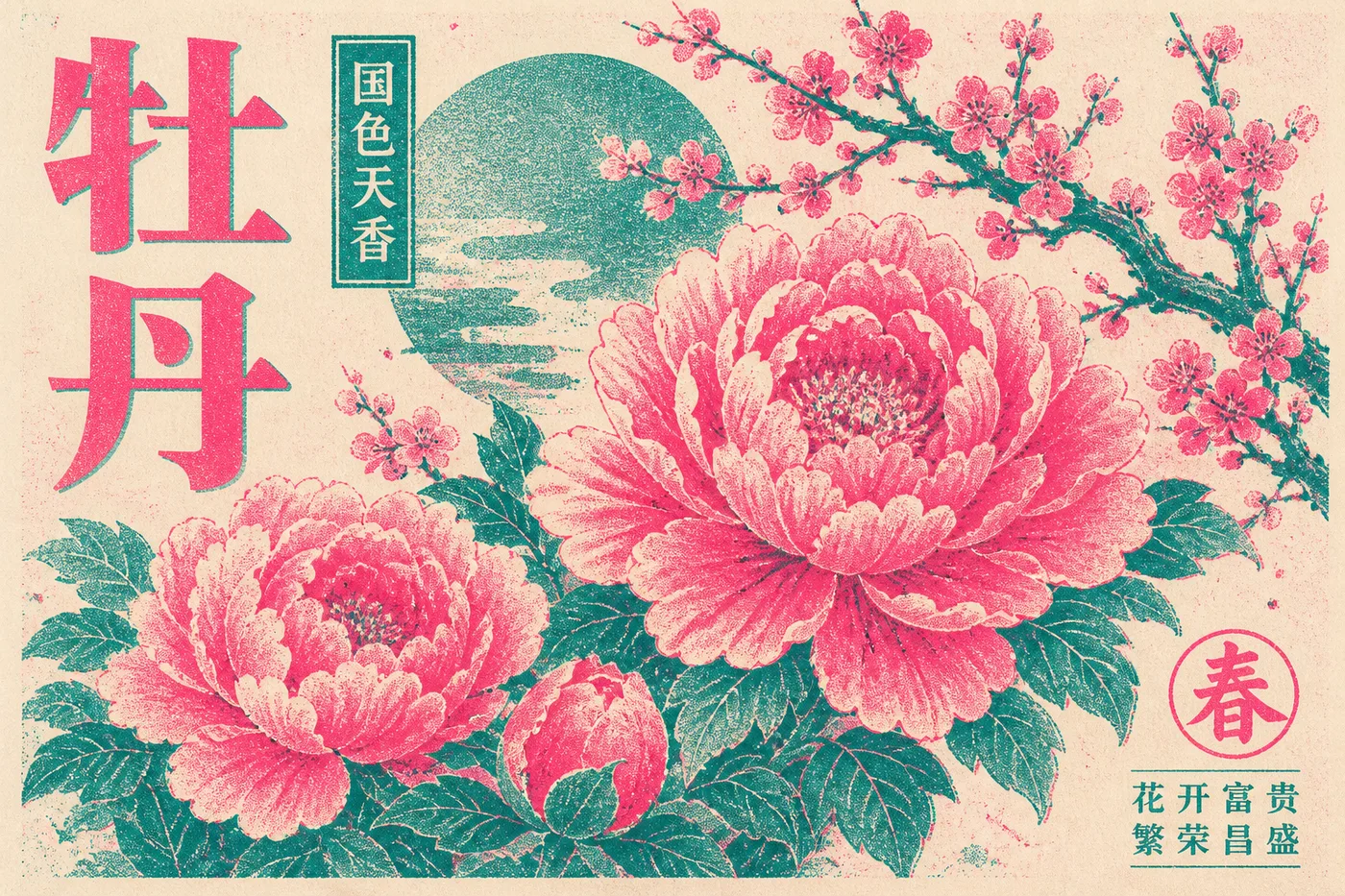 Midjourney Risograph 示例：牡丹梅花荧光网点中文孔版印刷海报