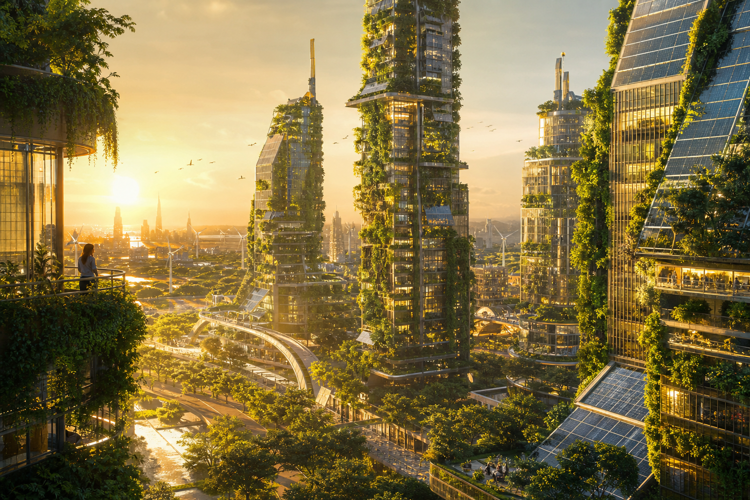 Midjourney Solarpunk example: vertical-garden skyscrapers, solar glass facades, and an eco-futurist city in golden morning light