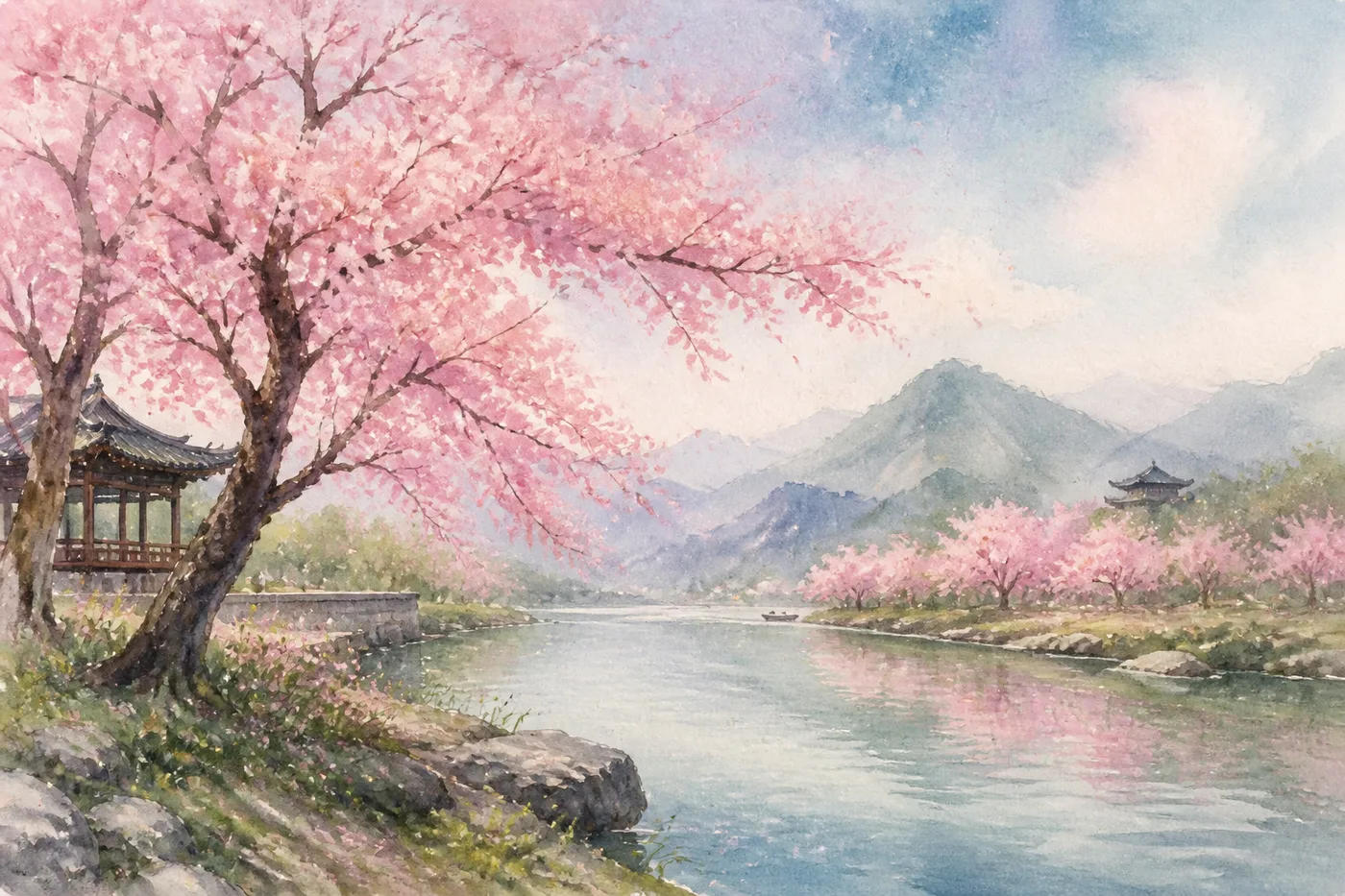 Midjourney 水彩插画示例：樱花河畔湿画晕染风景