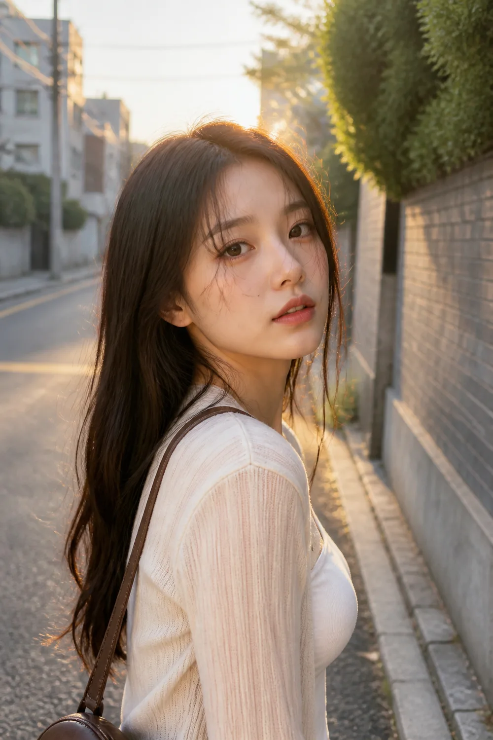 Midjourney 东亚清透人像:黄昏街拍金辉下的年轻东亚女性