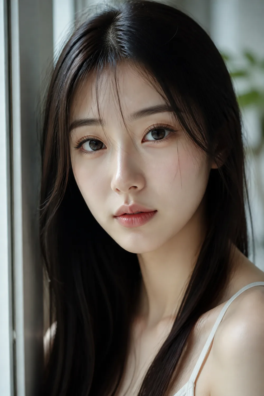 Midjourney 东亚清透人像:窗光下的年轻东亚女性特写