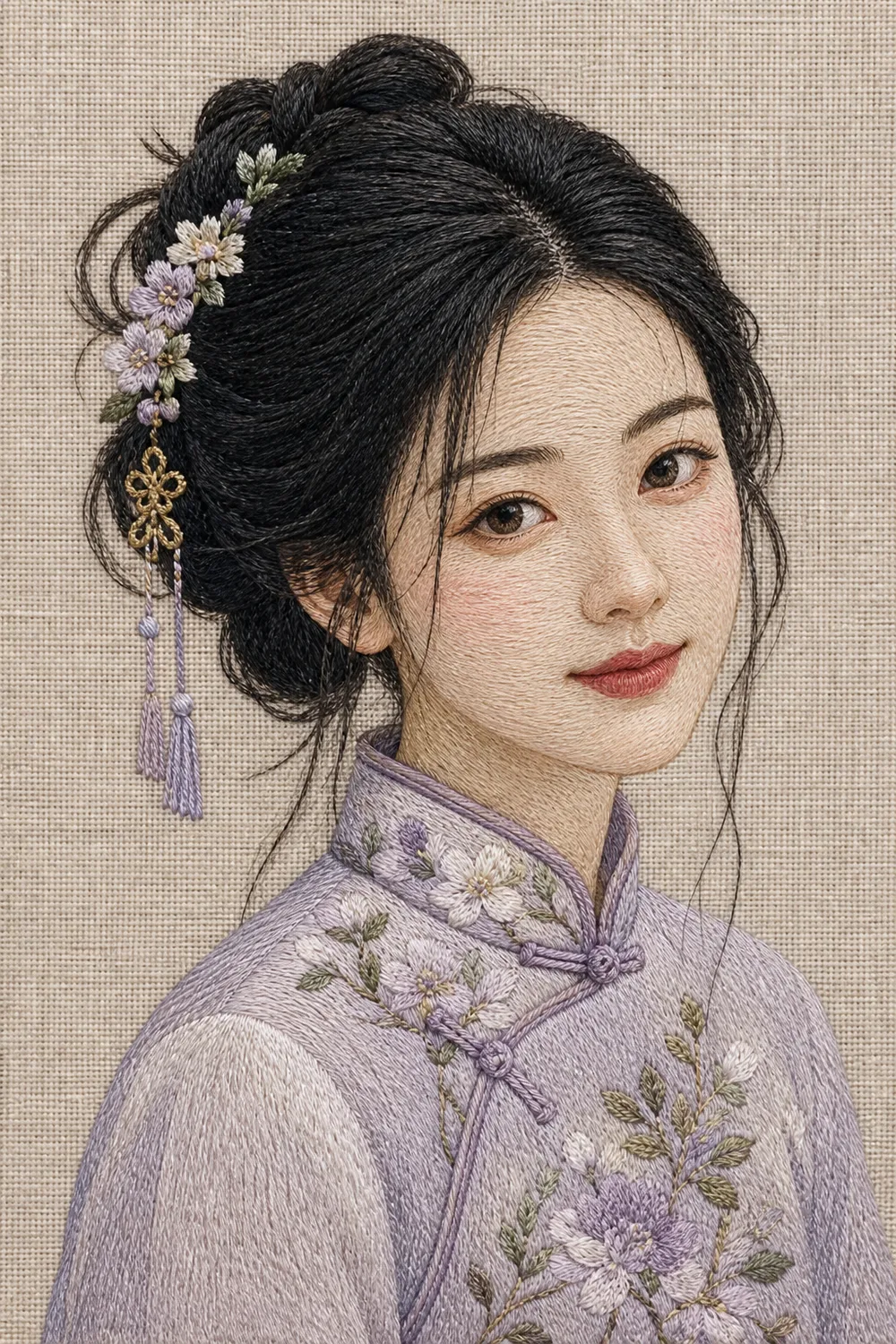 Midjourney 刺绣插画人像:东亚女性线迹刺绣肖像