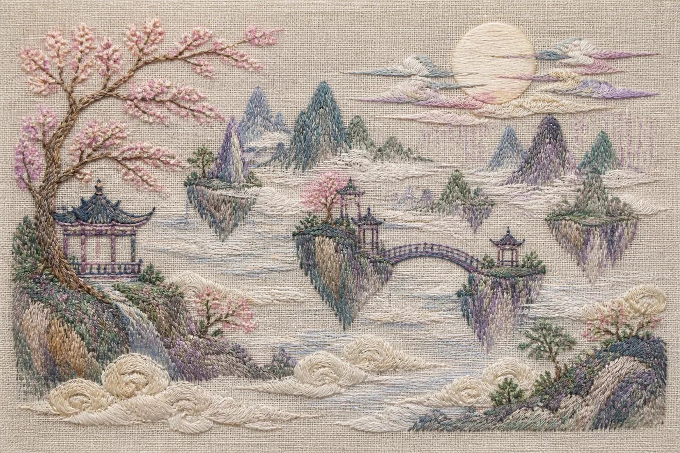 Midjourney 刺绣插画:浮空山峦与月光的奇幻刺绣风景