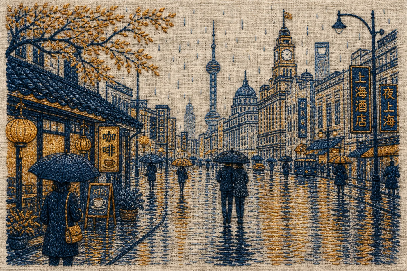 Midjourney 刺绣插画:雨巷伞影线迹刺绣街景