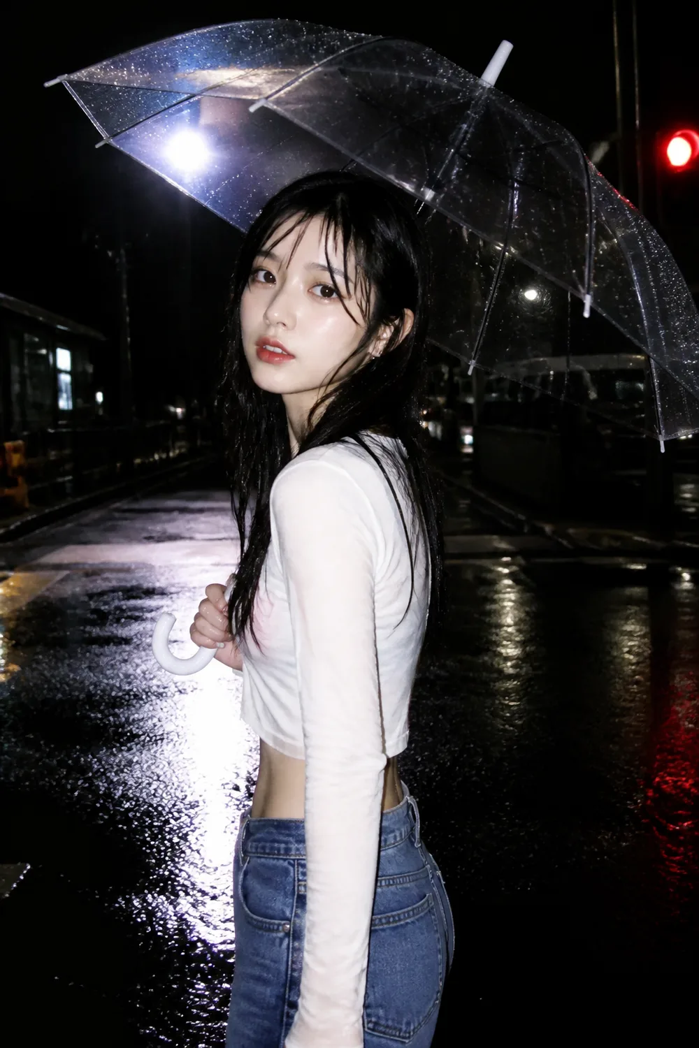 Midjourney 硬闪光人像:雨夜透明伞直闪街拍