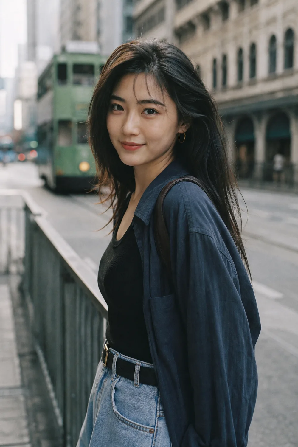 Midjourney 港风复古人像：日间旧街胶片街拍东亚女性
