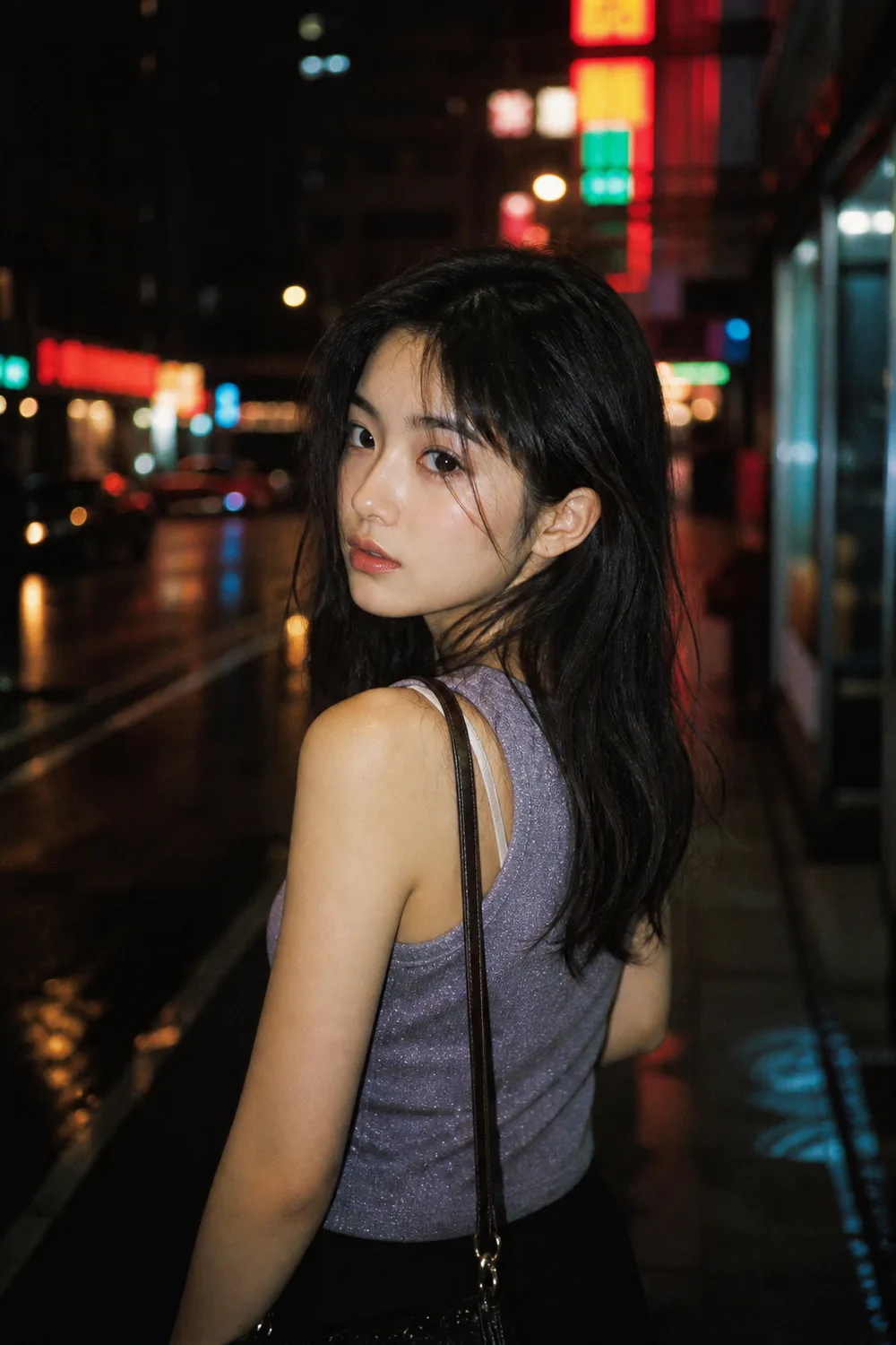 Midjourney 港风复古人像：霓虹夜街与湿地倒影中的东亚女性