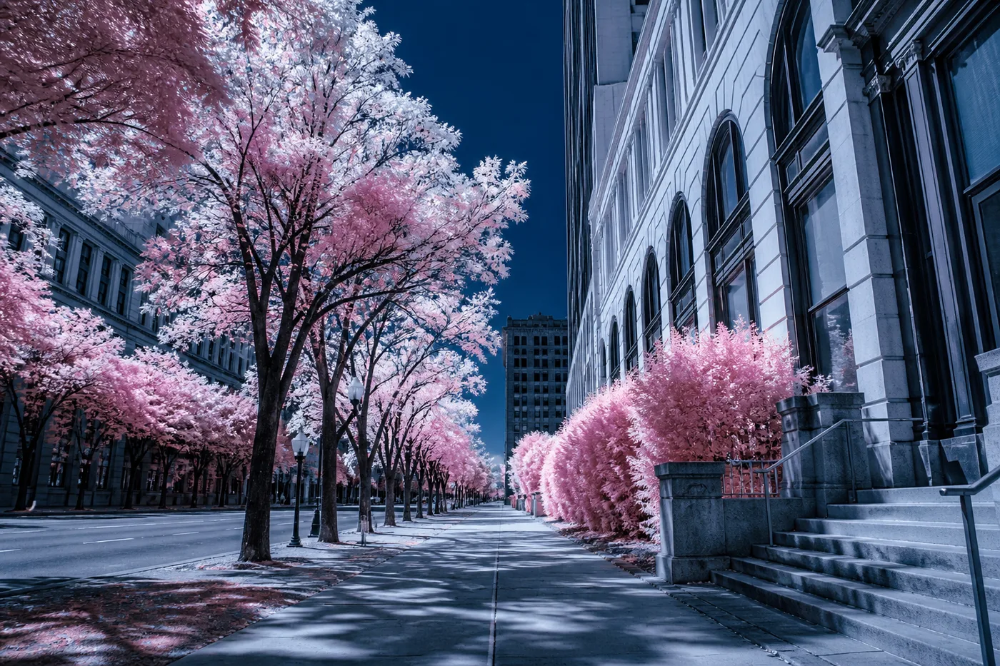 Midjourney 红外摄影:城市街道与洋红白行道树