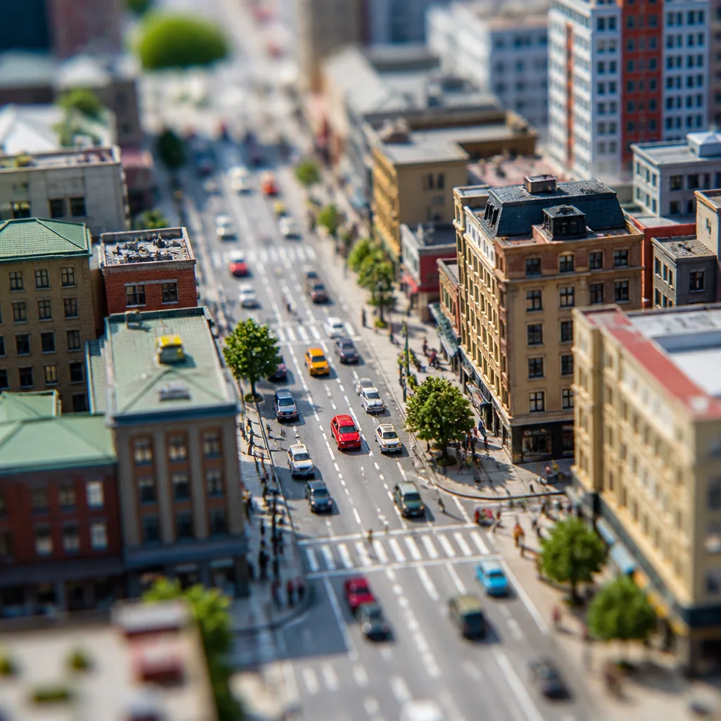 Midjourney 微缩城市街道:迷你车流与 tilt-shift 选择性对焦