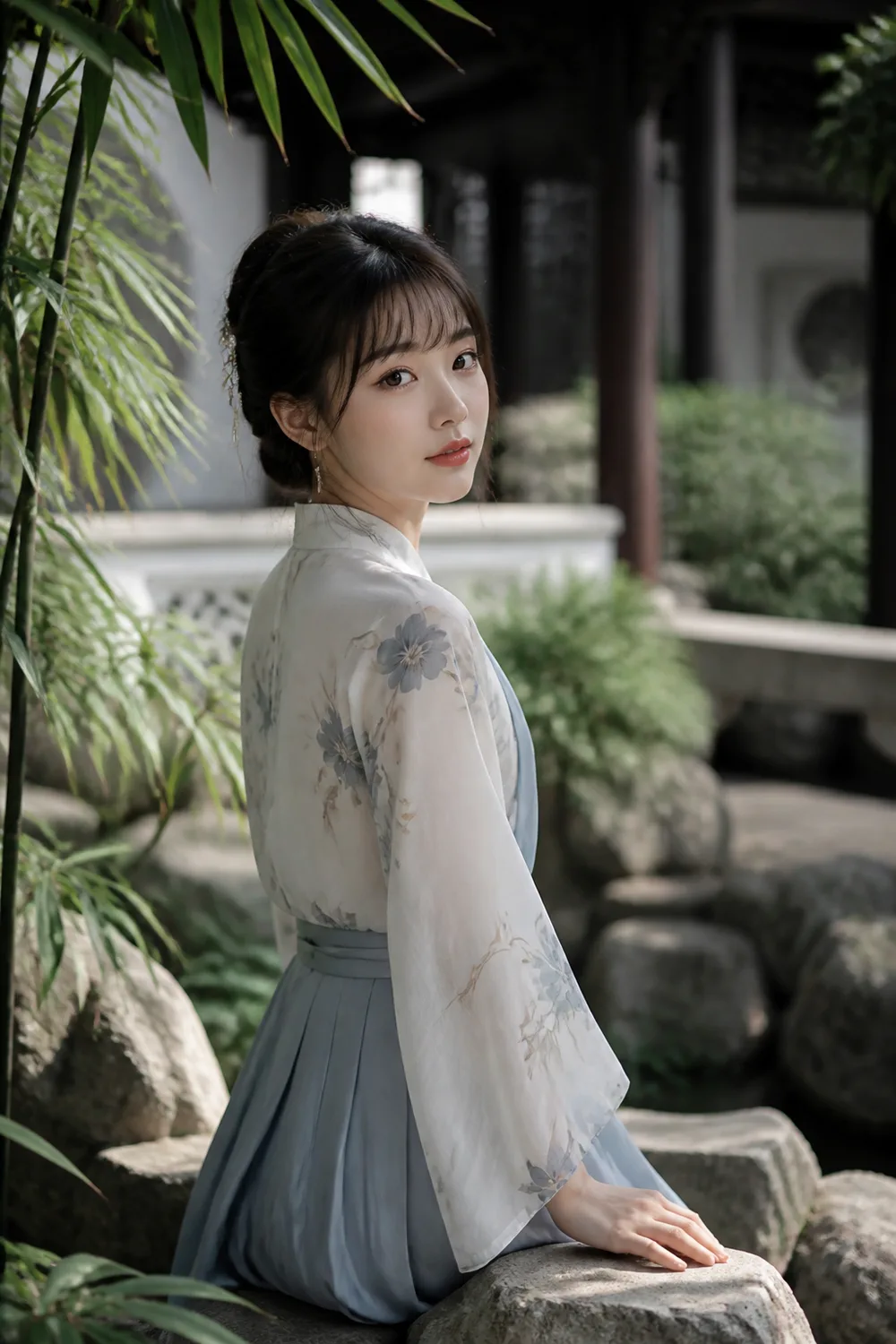 Midjourney 新中式国风人像：江南庭院竹石柔光下的东亚女性