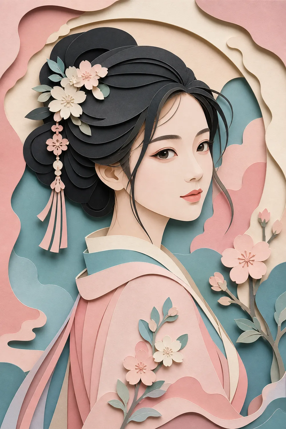 Midjourney 立体剪纸人像:东亚女性分层纸雕肖像