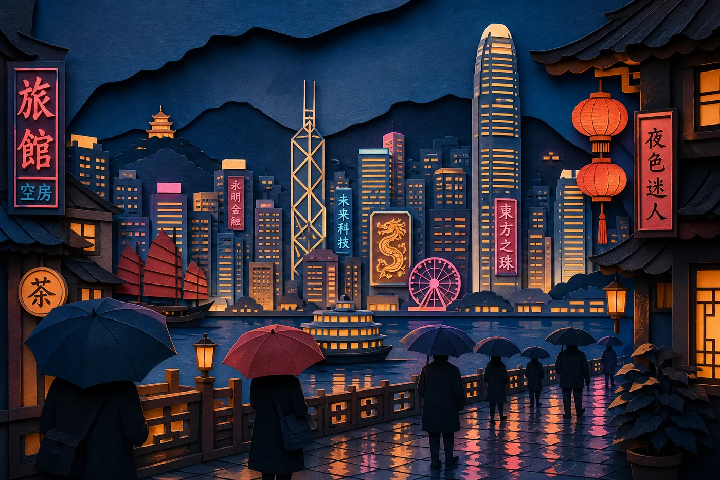 Midjourney 立体剪纸:东亚城市伞影分层纸雕天际线