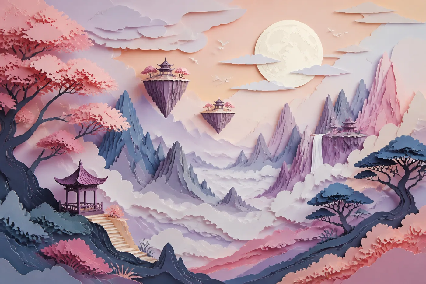 Midjourney 立体剪纸:浮空山峦与月光的奇幻纸雕风景