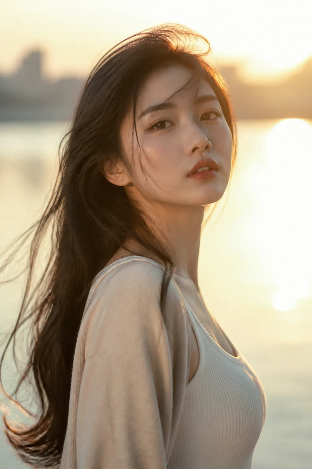 Midjourney 发丝光人像:黄昏户外暖色发丝光东亚女性