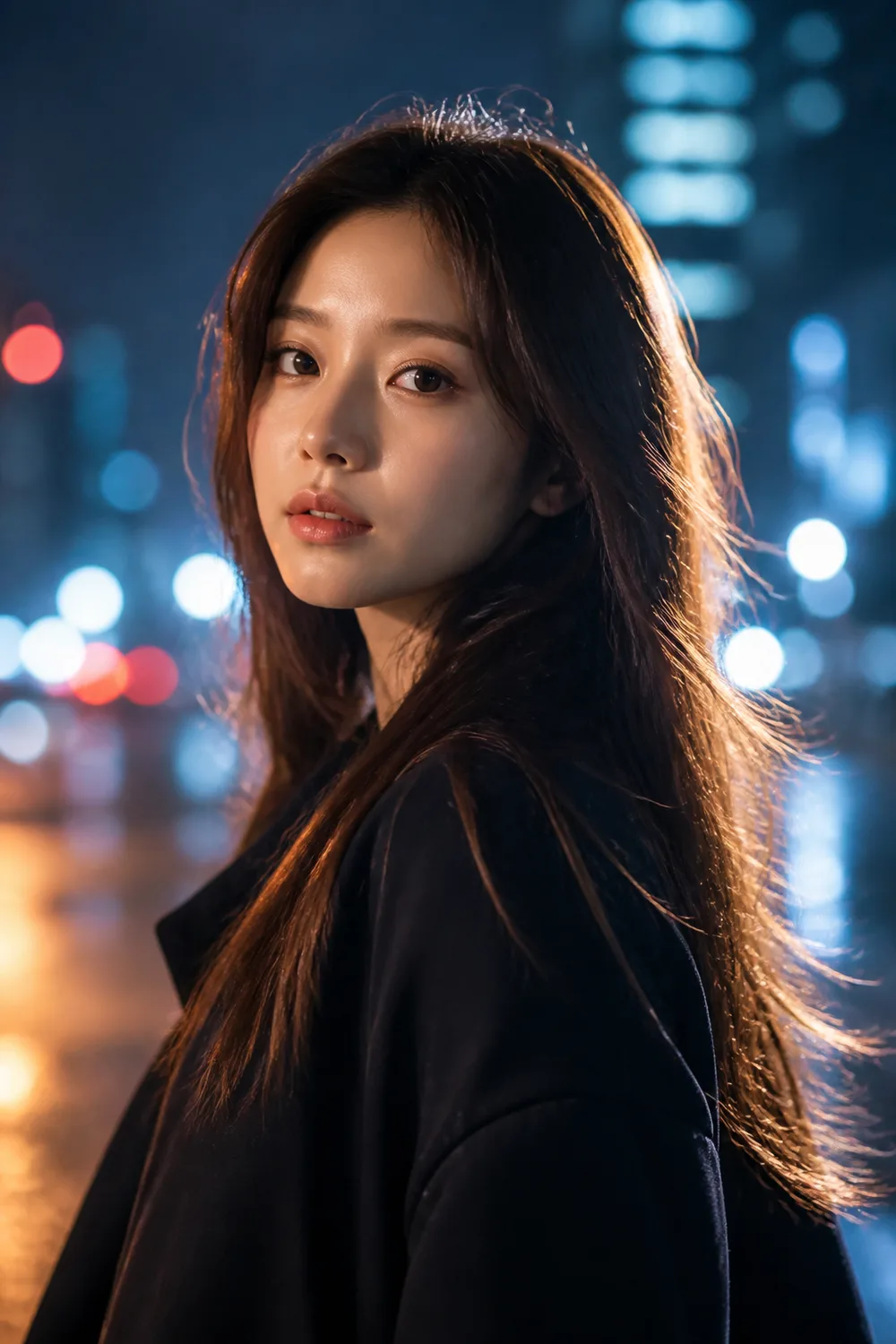 Midjourney 发丝光人像:夜景城市柔和背光东亚女性
