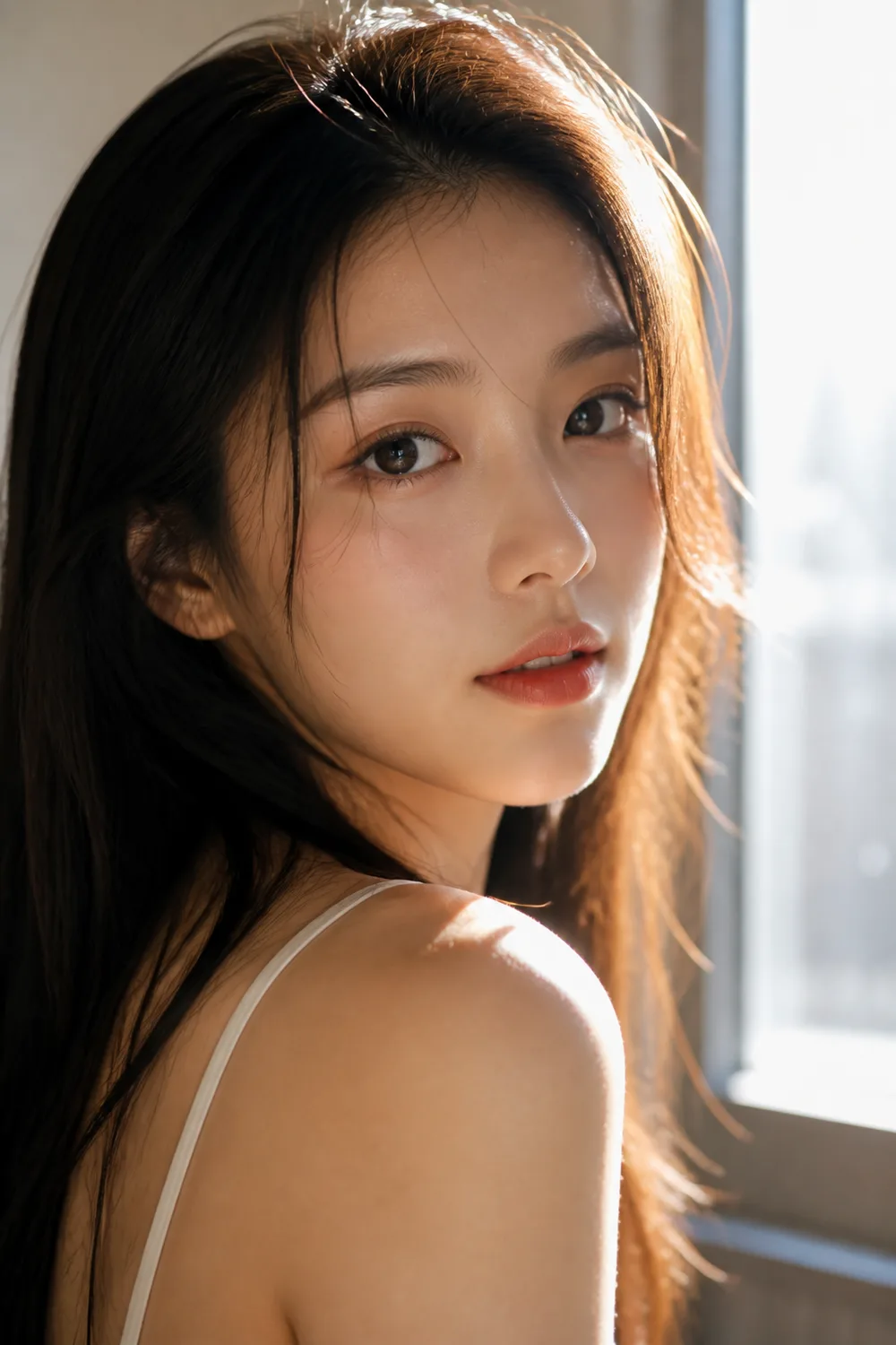 Midjourney 发丝光人像:窗边轮廓光勾勒发丝与面颊的东亚女性