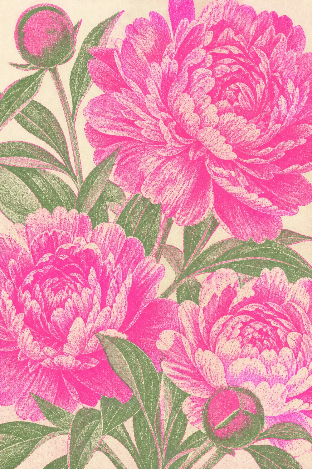 Midjourney Risograph:牡丹叶片荧光网点孔版植物海报