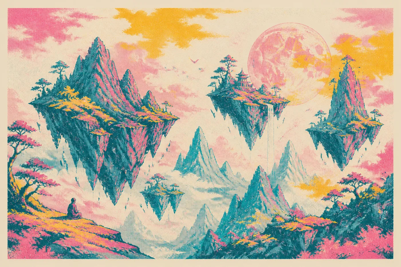 Midjourney Risograph:浮空山峦与月光的奇幻孔版海报