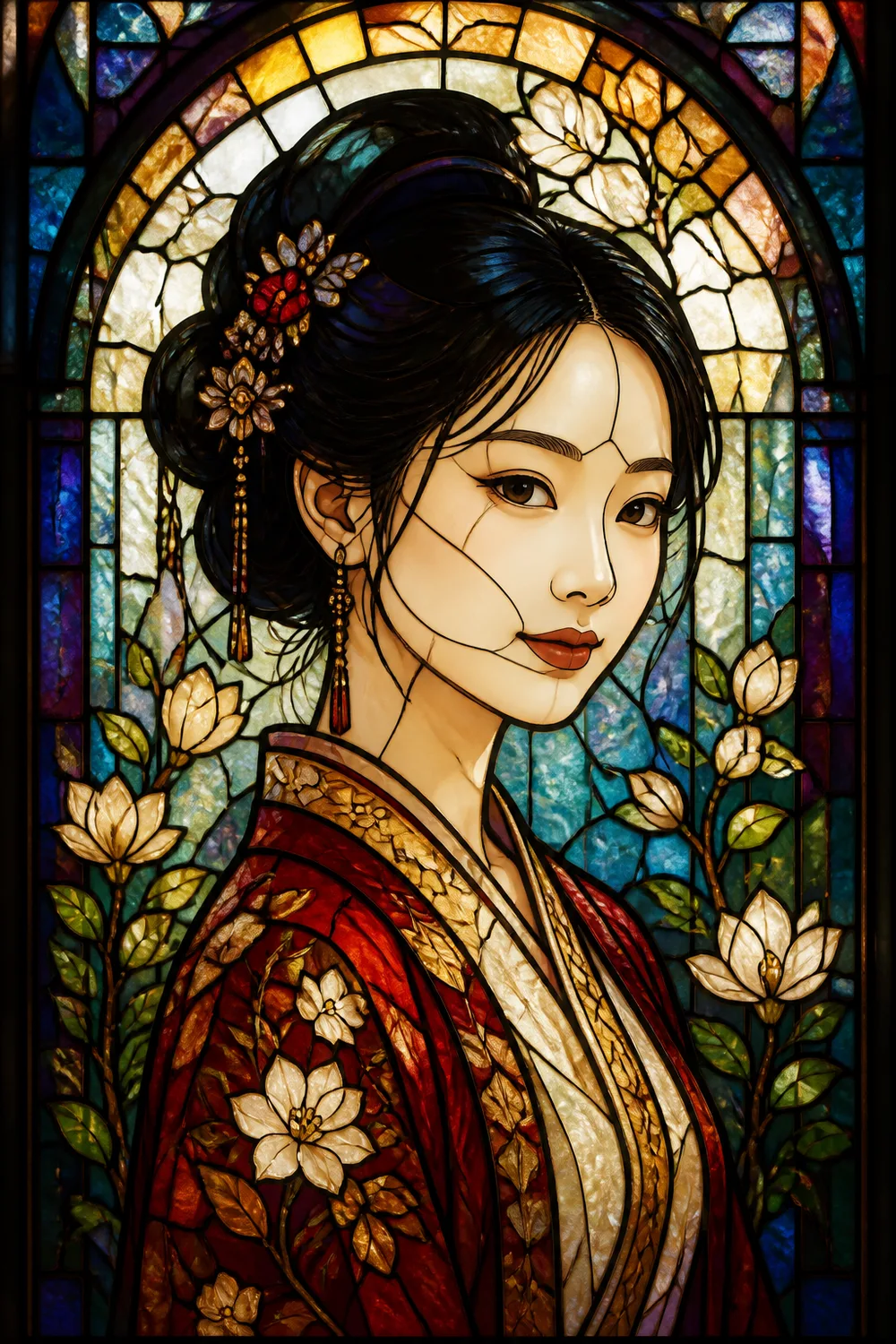 Midjourney 彩色玻璃窗人像:东亚女性宝石色透光肖像