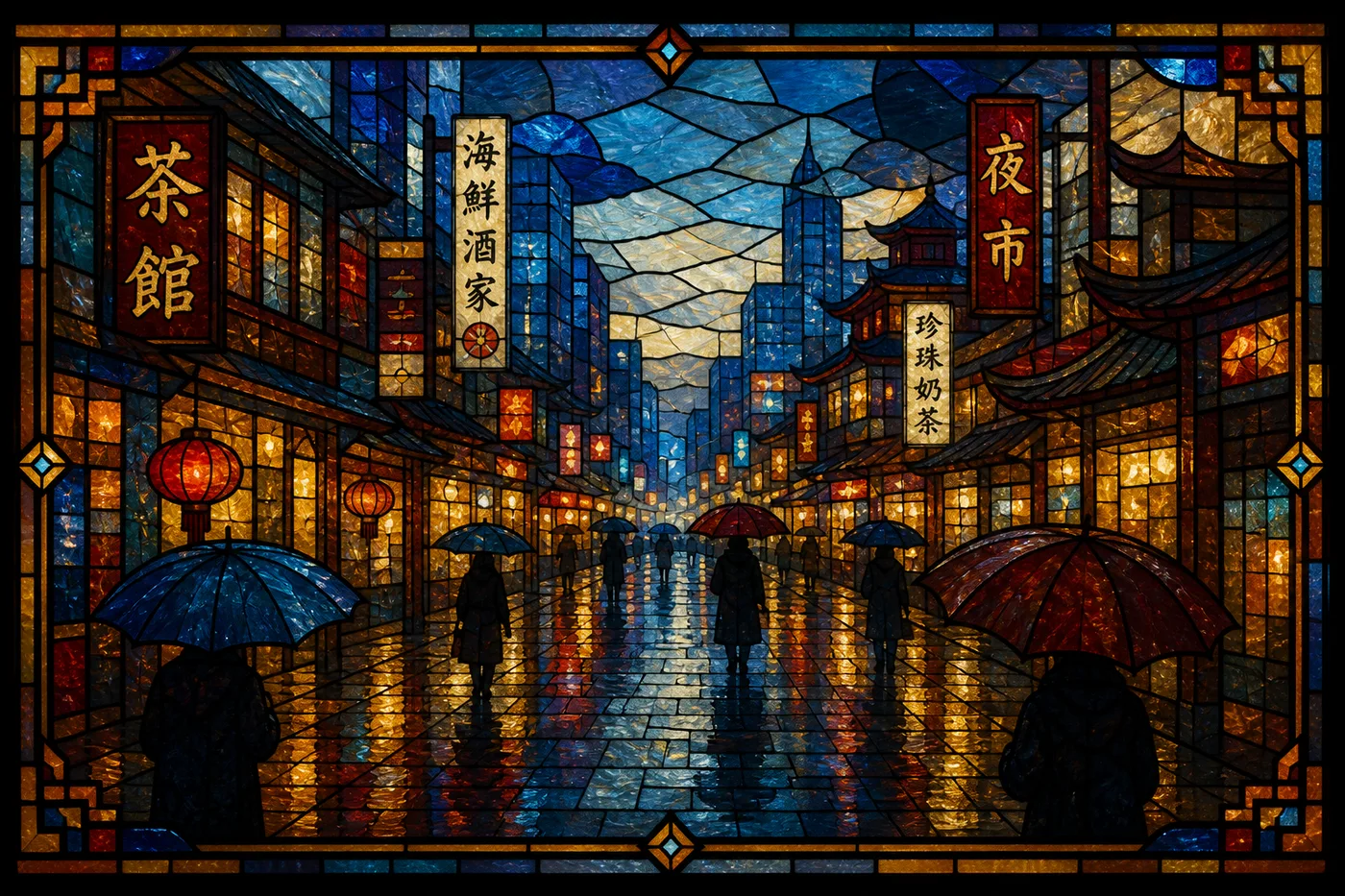 Midjourney 彩色玻璃窗:雨巷伞影与宝石色街景分格