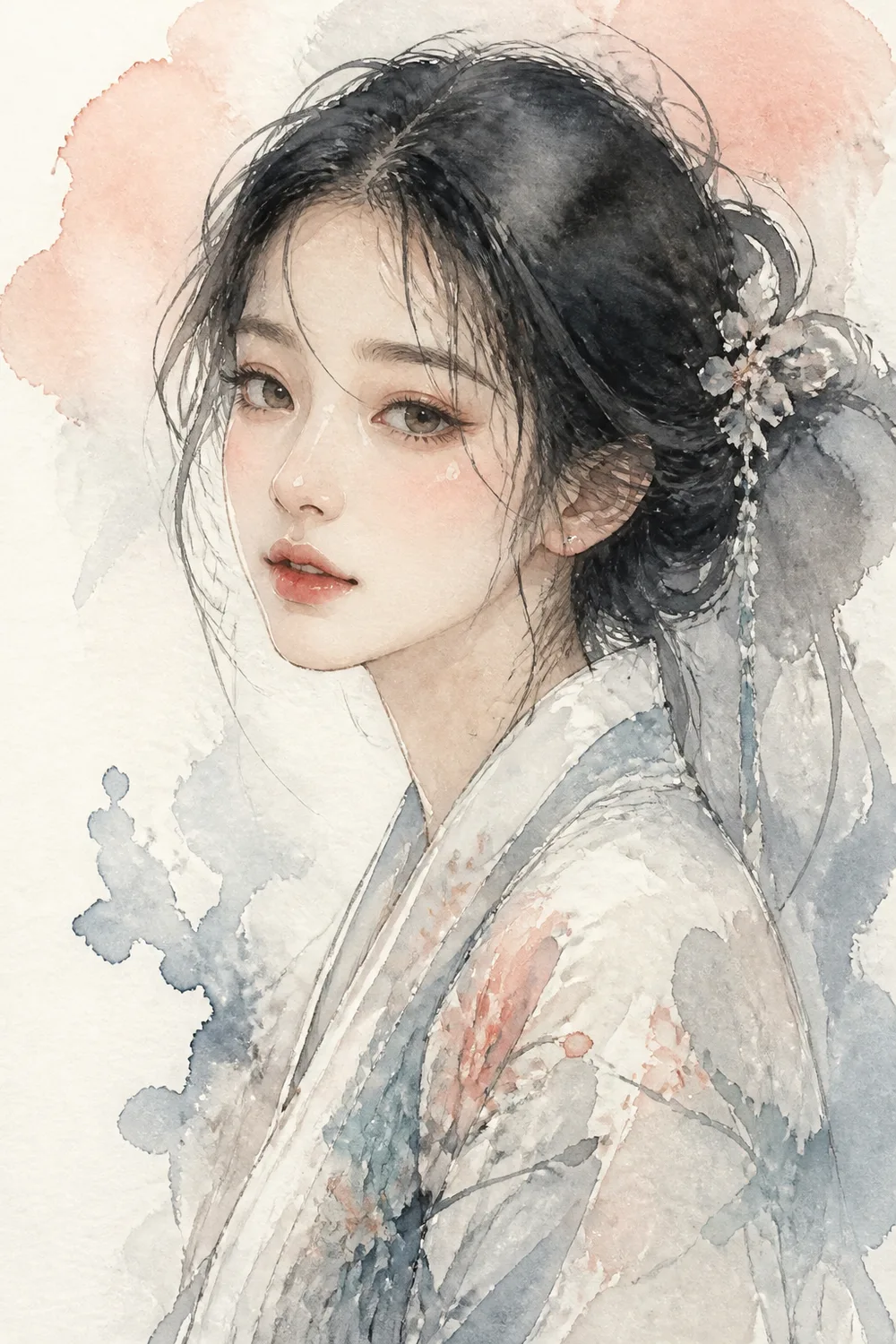 Midjourney 水彩插画人像:东亚女性柔和晕染写意肖像