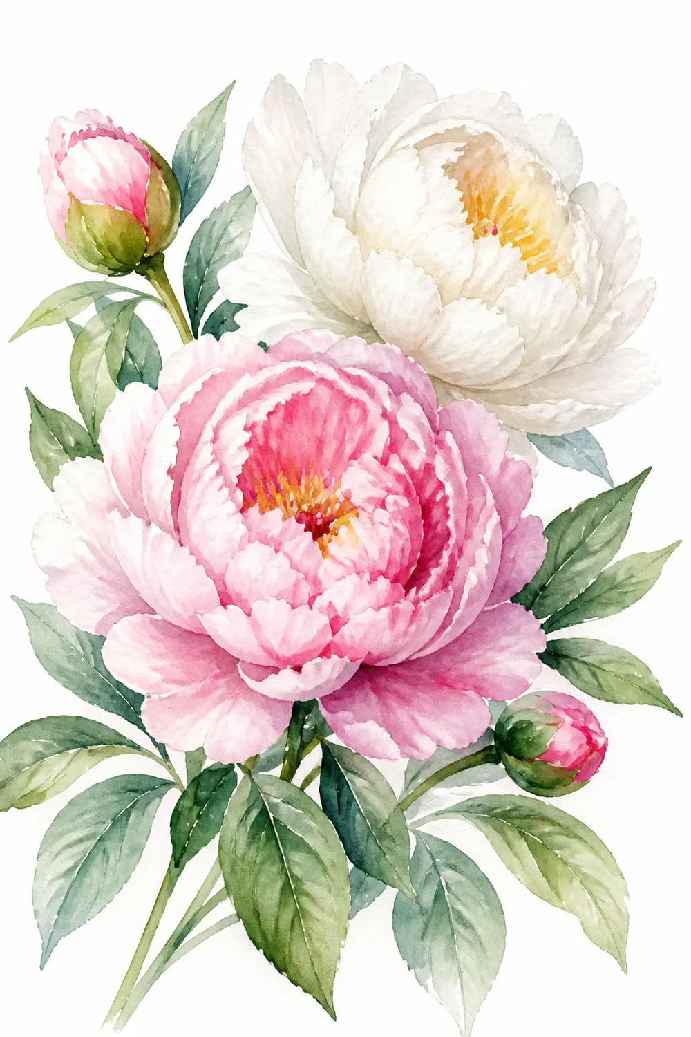 Midjourney 水彩插画:牡丹与叶片的湿画植物图