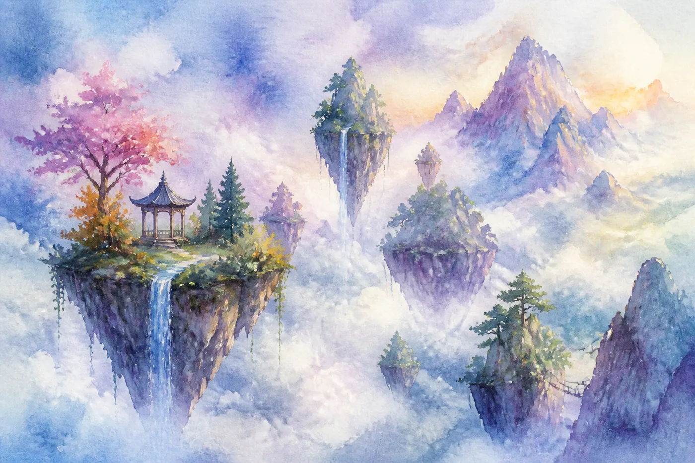 Midjourney 水彩插画:雾中浮空山峦的奇幻风景