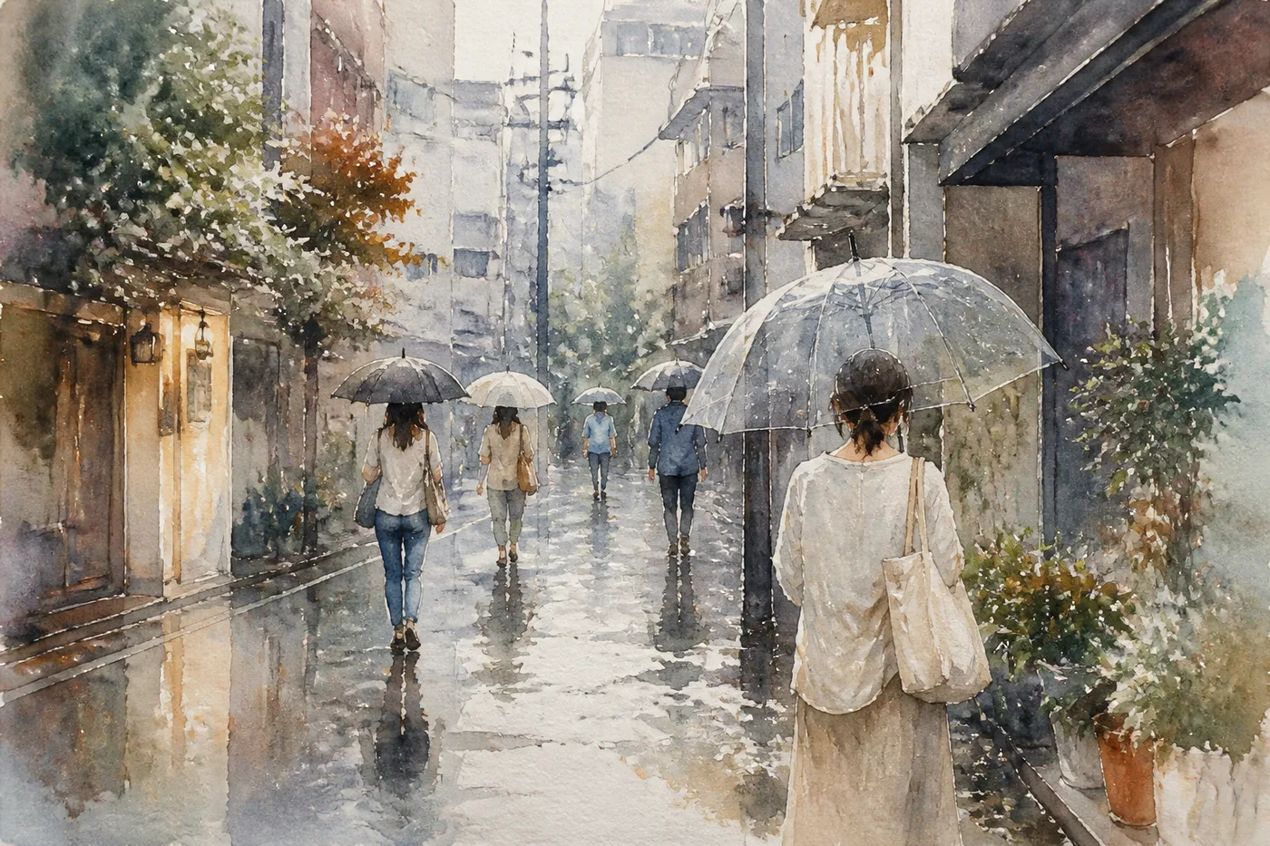Midjourney 水彩插画:雨巷伞影与湿画街景
