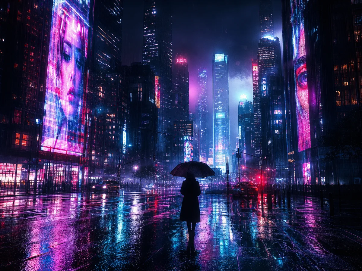 赛博霓虹雨夜街道